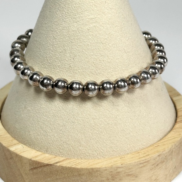 Vintage 6mm Sterling Silver Beaded Bracelet 925 7” Long Lobster Claw Clasp - Picture 1 of 6